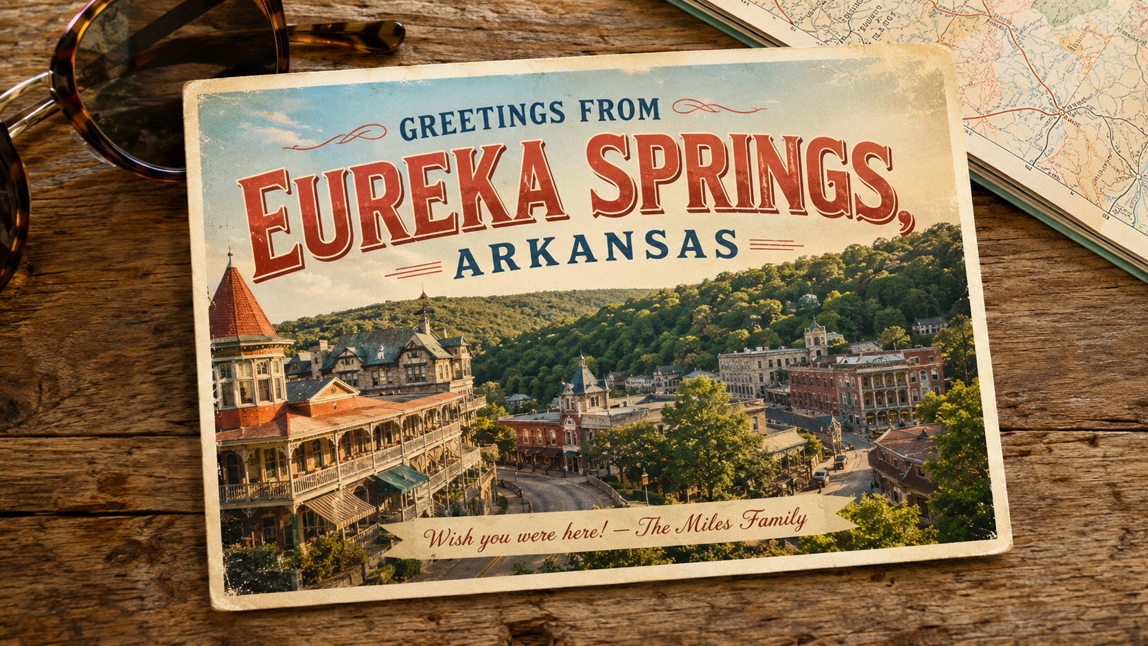 Vintage-style greeting card showing historic Eureka Springs, Arkansas, with a wish-you-were-here message from the Miles family