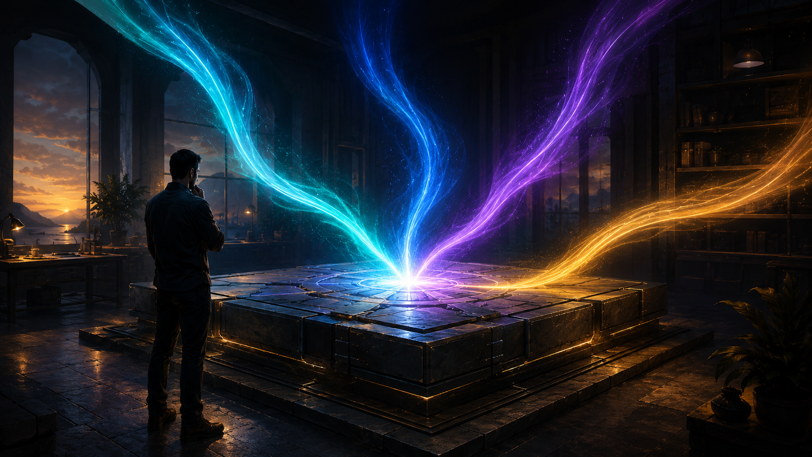 A human founder reviewing a strong digital foundation while four AI light streams converge into one Voqio platform