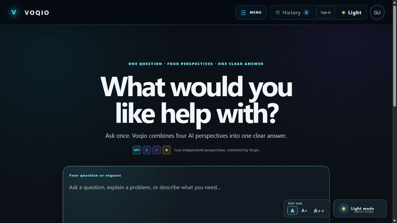 Voqio's simplified AI workspace with one question composer and four visible AI perspectives
