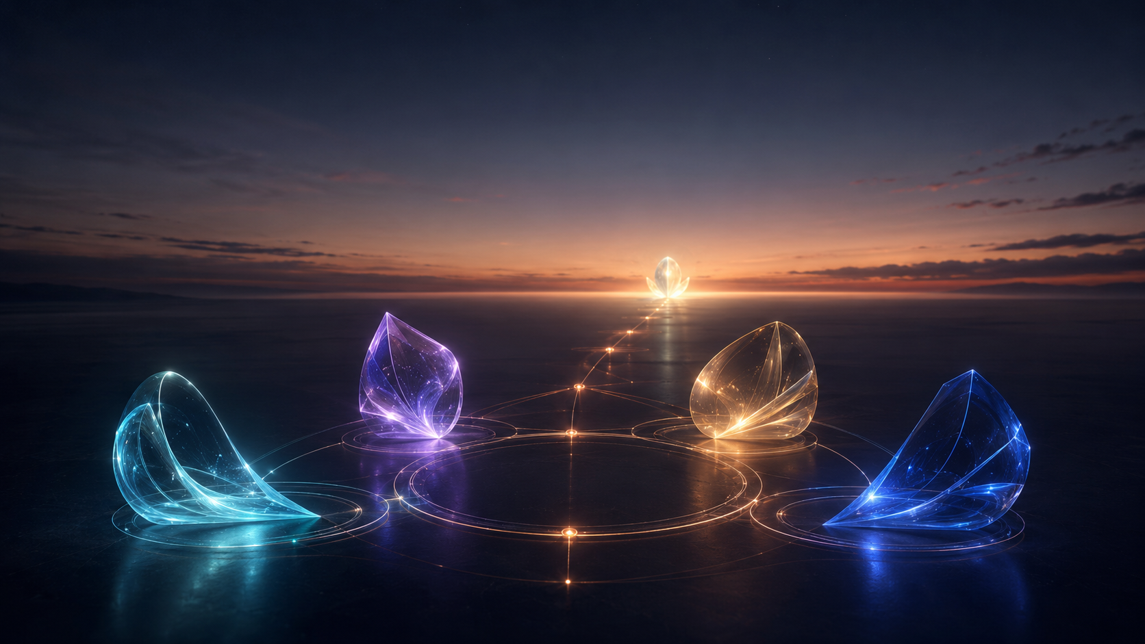 Four luminous perspectives connected around a shared circular network as a fifth light emerges on the horizon